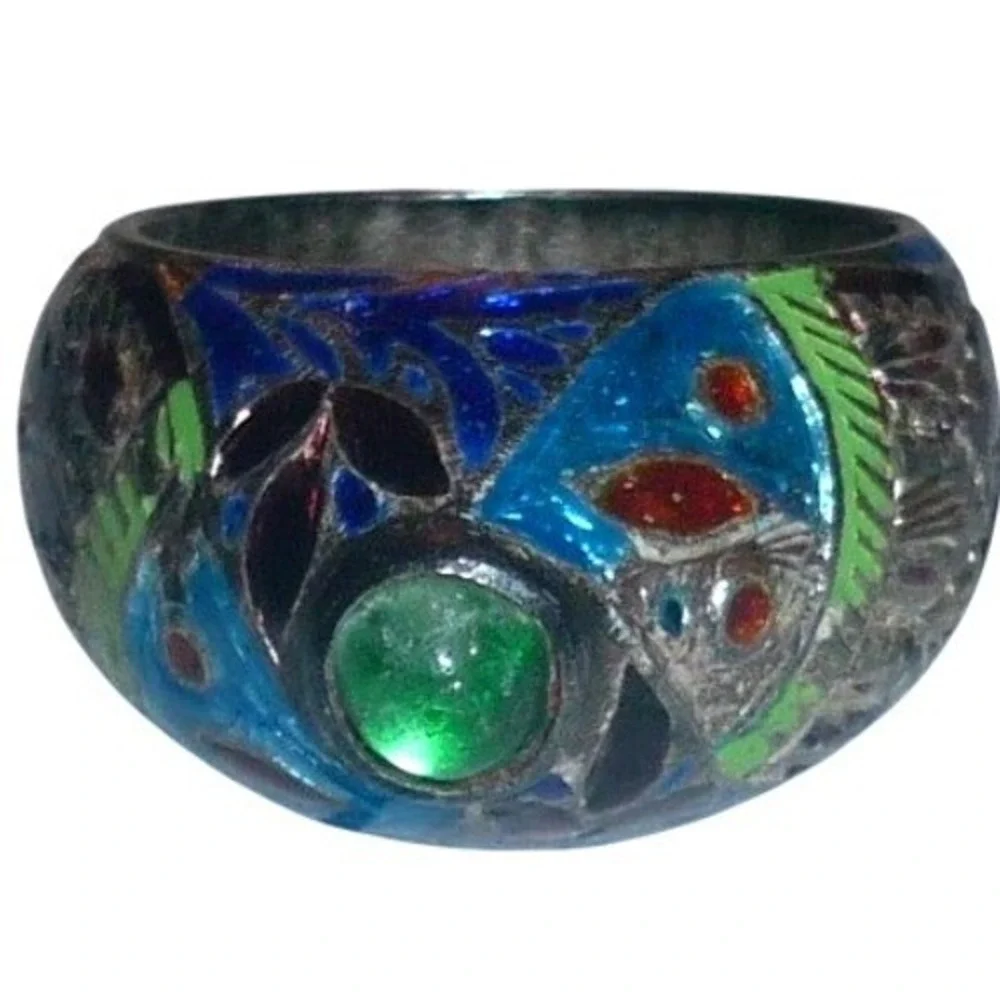 Vintage Chinese Export Cloisonne Enamel Silver Ring Green Cabochon Size 6.25
